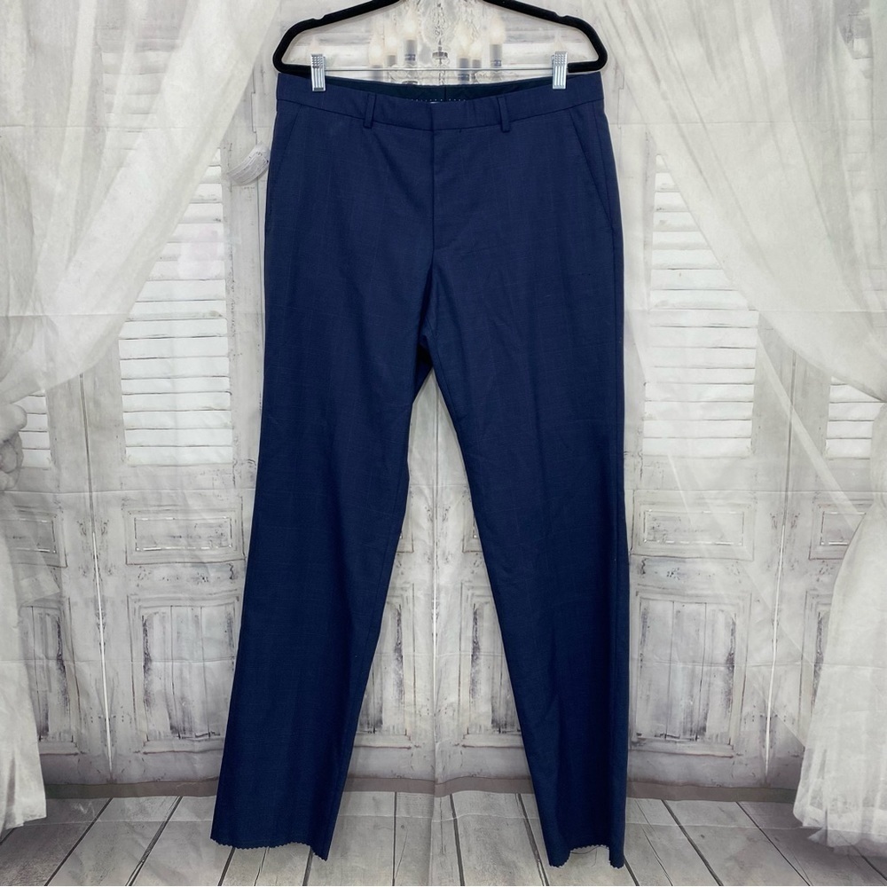 Hugo Boss Mens Size 40 Reg Blue Plaid Dress Pants Flat Front Unhemmed *FLAW* NEW